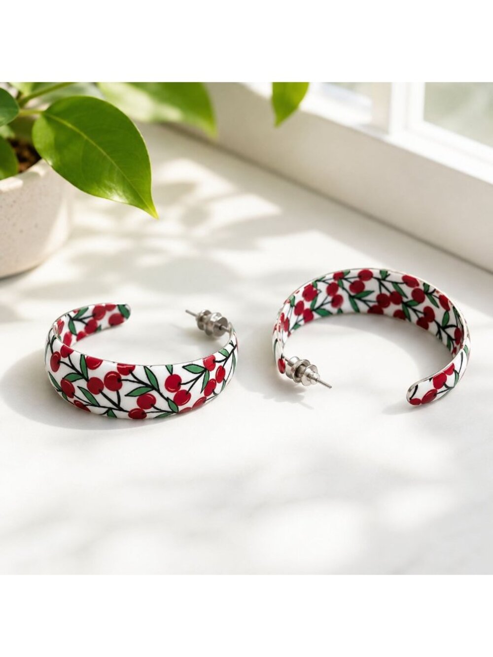 Vintage Cherry-Themed Lightweight Metal Hoop Earrings With Post Backs 1.5" Diame